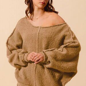 SO ME Loose Fit Exposed‎ Seam Slouchy Boucle Sweater